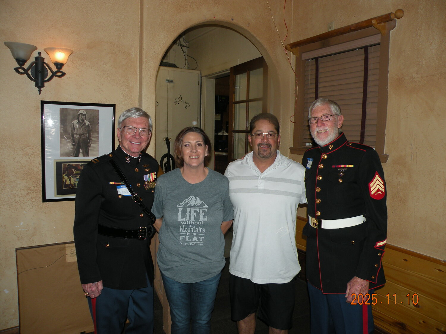Archuleta County Marines and their guests gather on Nov. 10 to celebrate the 250th birthday of the U.S. Marine Corps. In tradition, the oldest Marine in attendance, Ernie Garcia, presented the first piece of cake to the youngest Marine, Amber Bonner, as a symbol of passing the traditions, legends and responsibilities from the old Corps to the new Corps. Garcia, who entered the Marine Corps in 1953, was born in 1935. Bonner entered the Corps in 2019 and was born in 2002.
