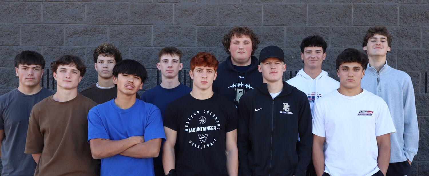 Multiple Pirate football players received Intermountain League all-conference awards for their performances during the fall season. Pictured left to right are Jimmy Elledge (first team), Alex Pacheco (first team), Hudson Mazur (first team), Aki&rsquo;Chita Lefthandbull (second team), Jonathon Baker (second team), Jeremiah Dean (second team), Lincoln Butler (second team), Jayton Ross (first team and Offensive lineman of the Year), Creede Dozier (first team), Colton Lucero (first team, League Most Valuable Player and Running Back of the Year) and Kasen Limebrook (second team). Not pictured are Aidan Vega (first team) and Noah Bellina (second team).