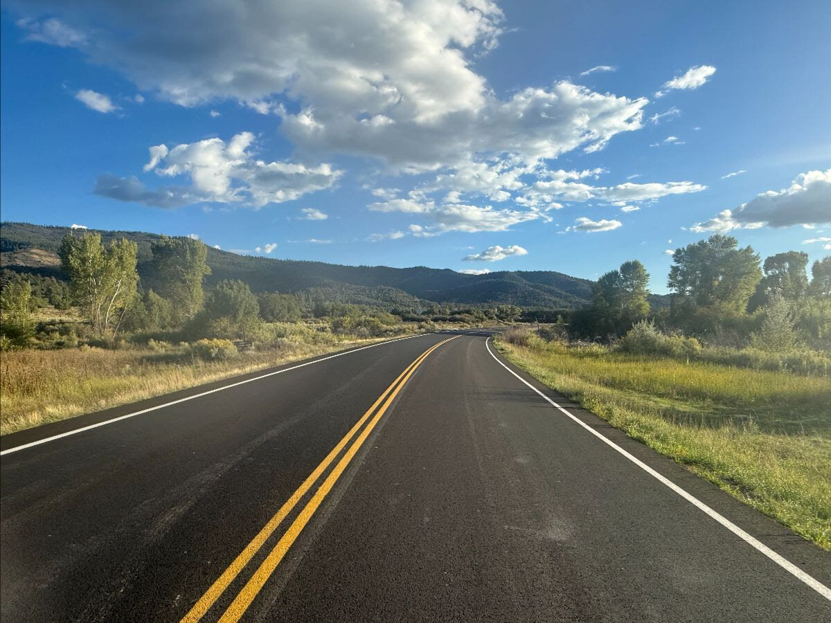 The new asphalt road surface with a fresh coat of reflective paint striping on Colo. 151 between Ignacio and Chimney Rock National Monument.