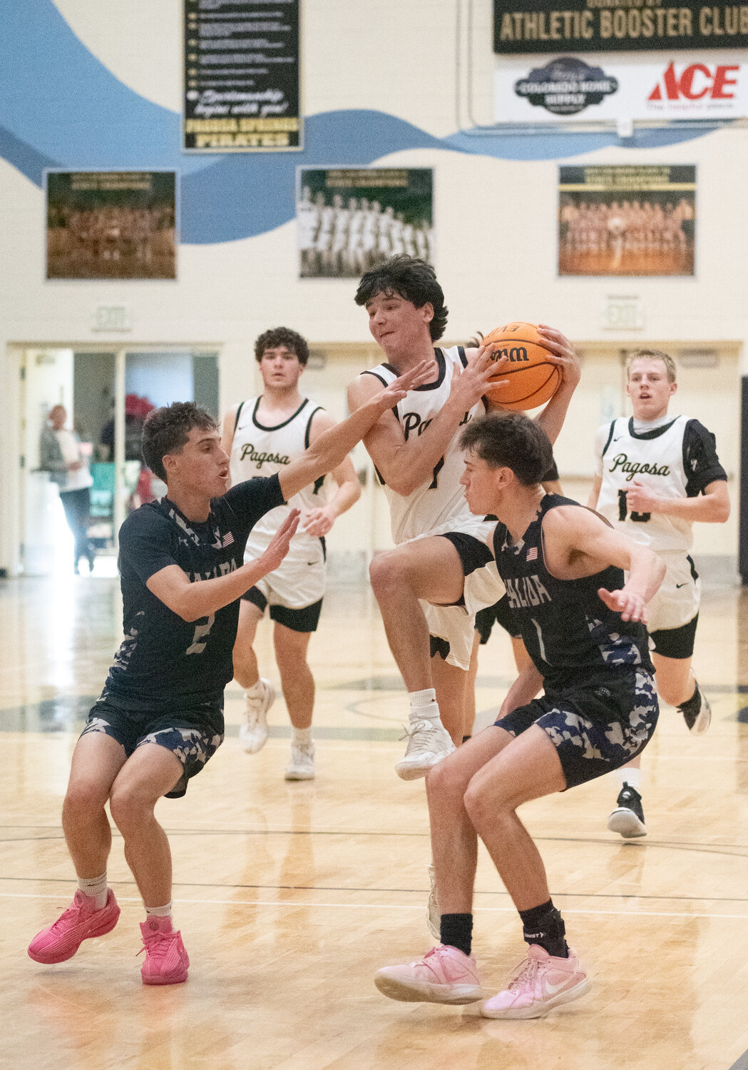 Pirate Creede Dozier makes his way toward the basket during the first half of the Pirates&rsquo; 70-52 win over the Salida Spartans on Saturday, Dec. 13. Dozier scored 15 points in the game.