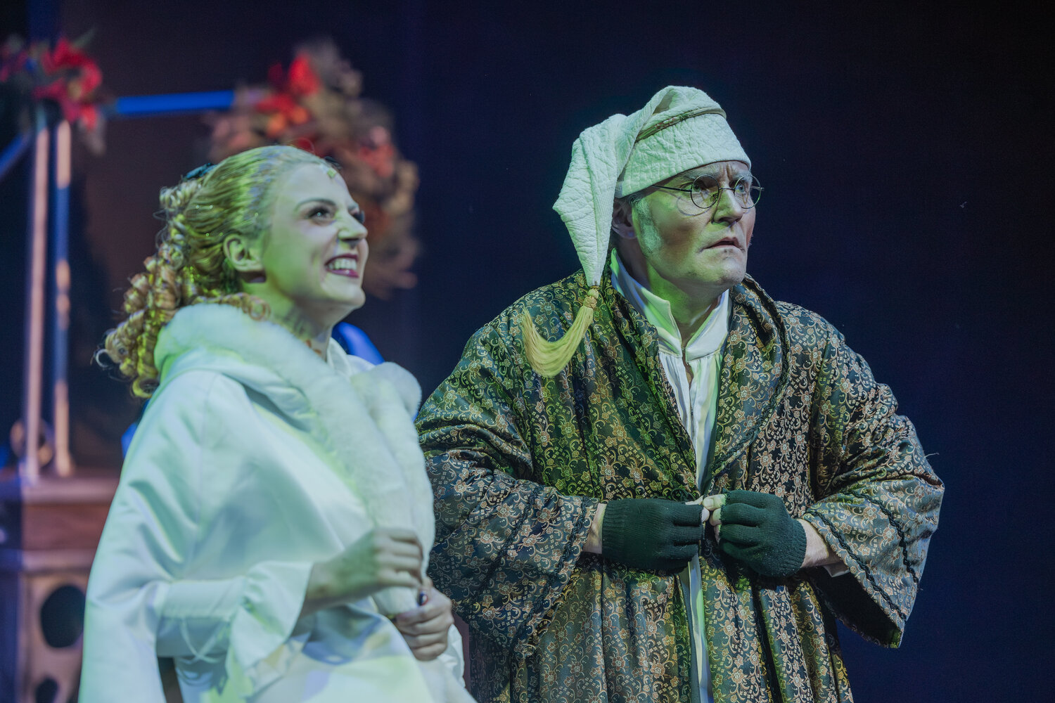 Samantha Luck as the Ghost of Christmas Past and Dan Morrison as Ebenezer Scrooge are pictured in Patrick Barlow&rsquo;s &ldquo;A Christmas Carol,&rdquo; now in its final performances through Dec. 27 at the Pagosa Springs Center for the Arts.