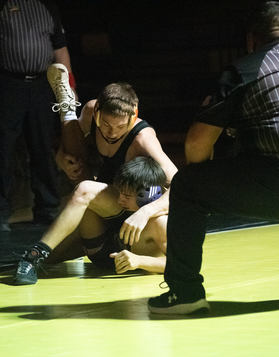 Pirate Stetson Osborn takes his opponent down during the team&rsquo;s dual against Bayfield on Jan. 22. Osborn came from behind in the match to win by pin.