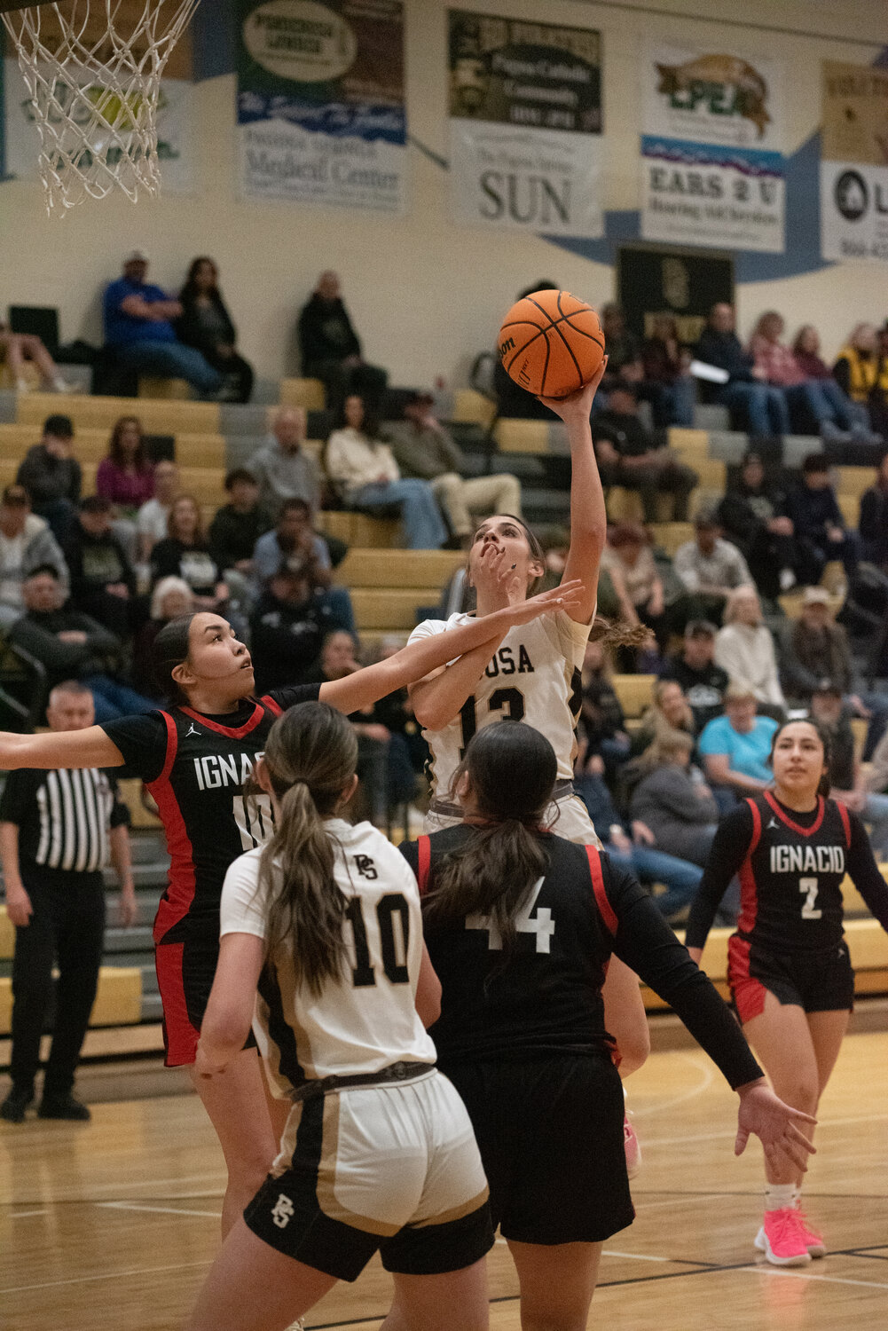 Lady Pirate Kaila Limebrook puts up a shot during the team&rsquo;s 46-16 over the Ignacio Bobcats on Feb. 7. Limebrook led the team with 11 points in the matchup.