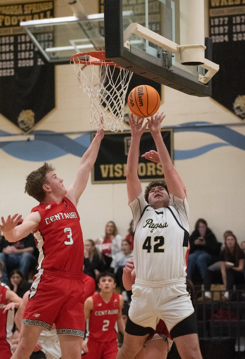 Pirate Bode Hubbard puts up a shot during the team&rsquo;s 40-32 victory over the Centauri Falcons on Saturday, Feb. 21. Hubbard put up three points and tallied five rebounds in the game.