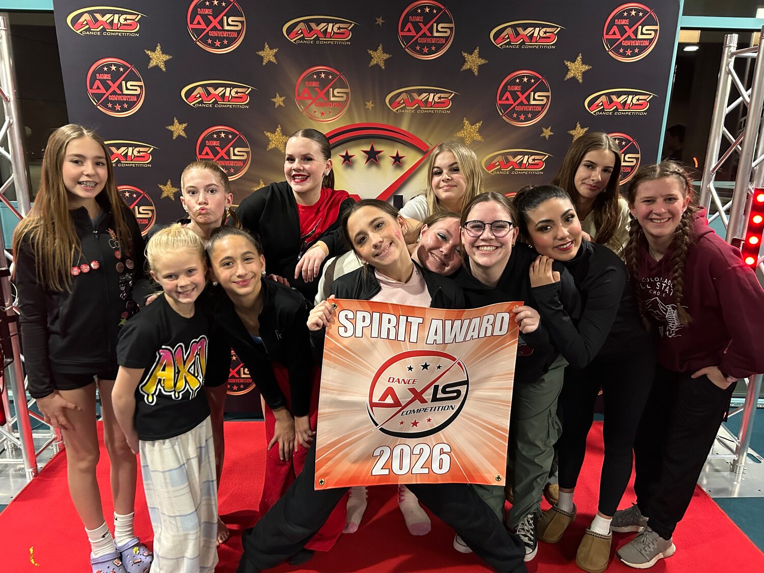 Members of the Expressions Dance Company celebrate their Studio Spirit Award after a busy dance competition weekend in Farmington, N.M., recently.
