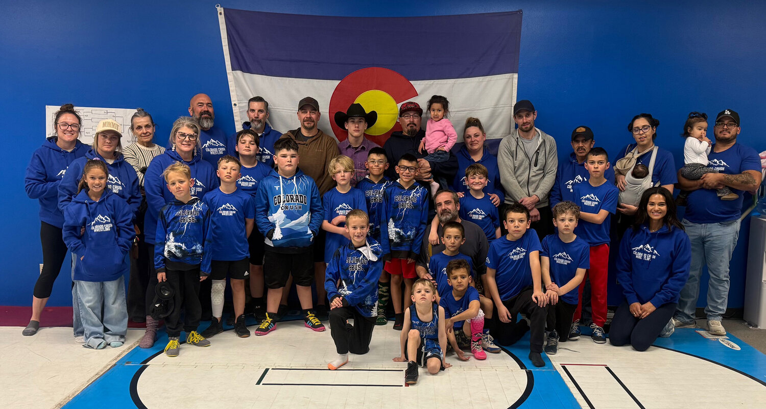 Photos courtesy Joel Hernandez
The Colorado Crush wrestling club, pictured alongside families and supporters, recently attended the Peak to Peak state tournament in Denver. According to coach Joel Hernandez, it was a really good season for the club, who ended up with three state placers: Sammy Haynie took fifth place, Kanon Crowther earned sixth place and Humberto Valezuela garnered fourth place.
