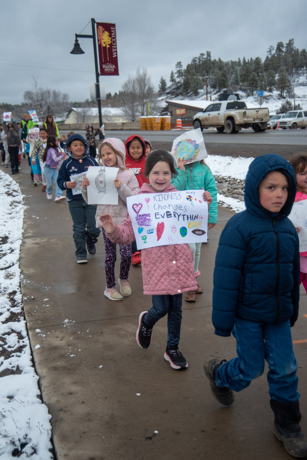 Pagosa Springs Elementary School students walk as part of the school&rsquo;s kindness march on Friday, March 6.
