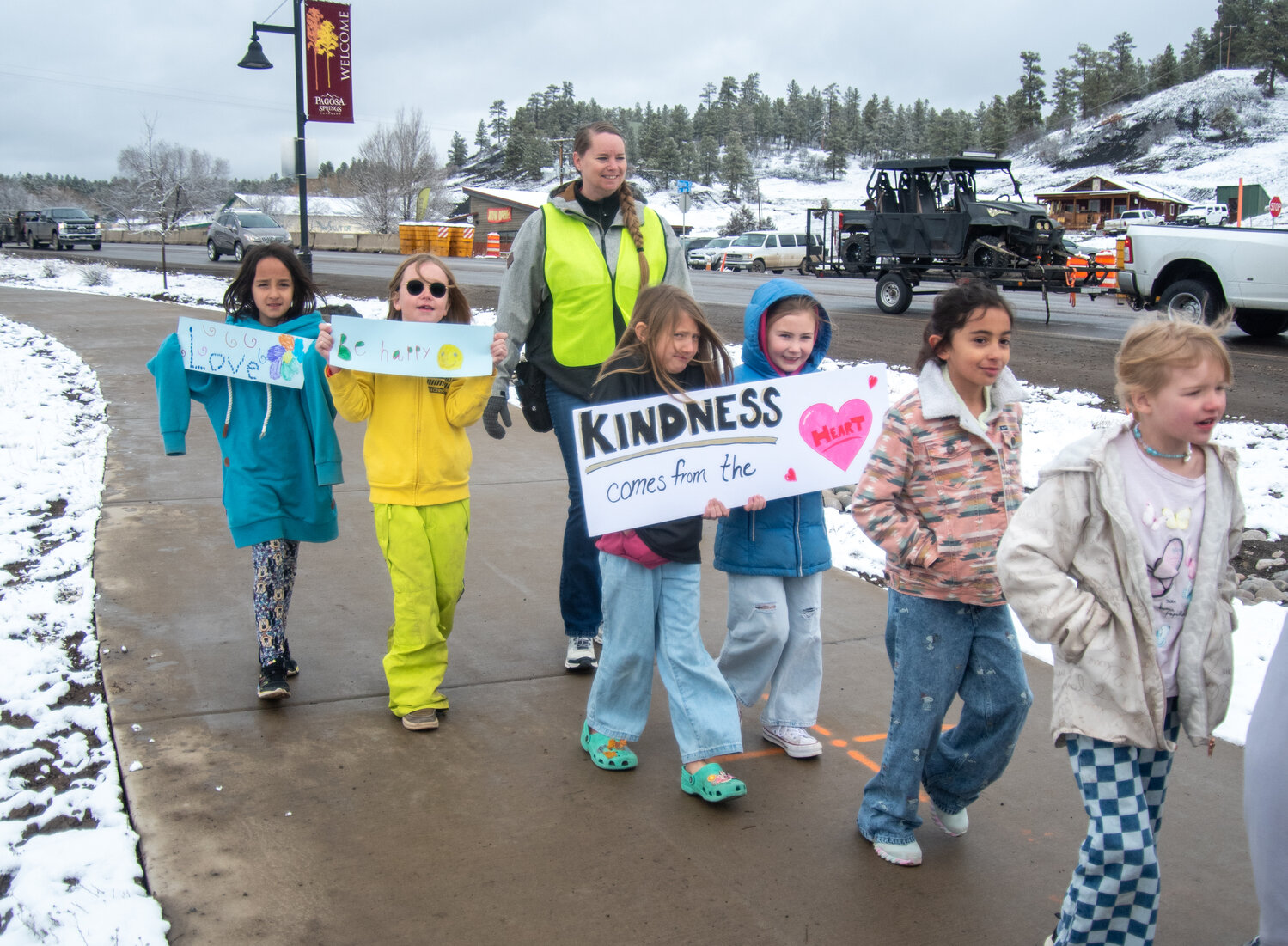 Pagosa Springs Elementary School students walk as part of the school&rsquo;s kindness march on Friday, March 6.