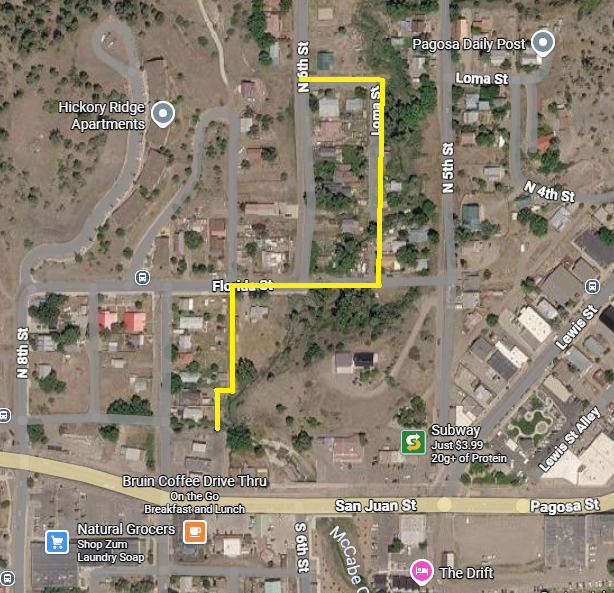 Repair work on a portion of the Pagosa Springs Sanitation General Improvement District&rsquo;s wastewater system began Monday, March 16, near McCabe Creek in downtown Pagosa Springs. The map shows the area the project is focusing on.