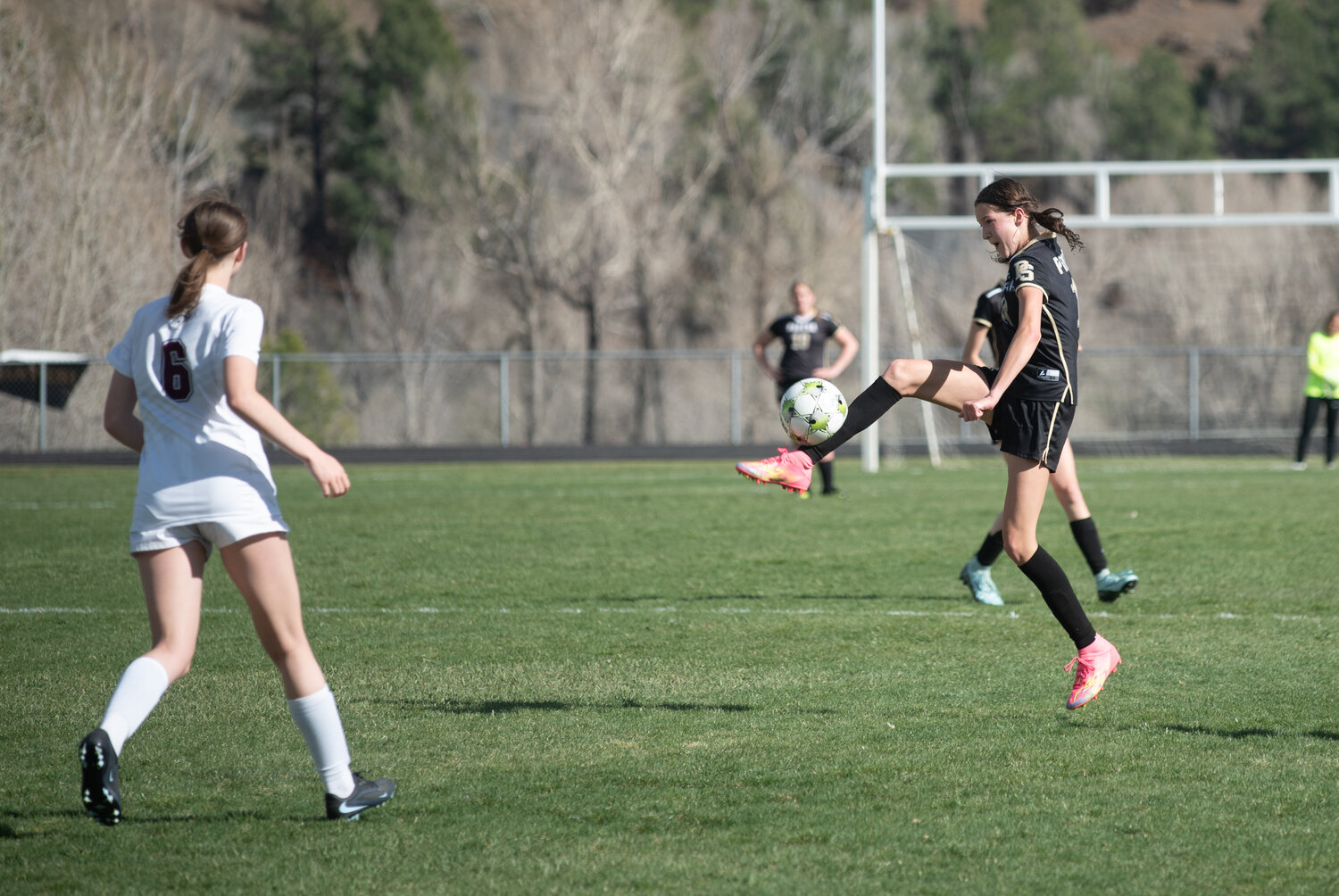 Ellie Vining controls the ball during the Lady Pirates&rsquo; 2-1 loss to Alamosa on Thursday, April 9. The team rebounded from the loss with a pair of wins against Lake County and Bayfield.