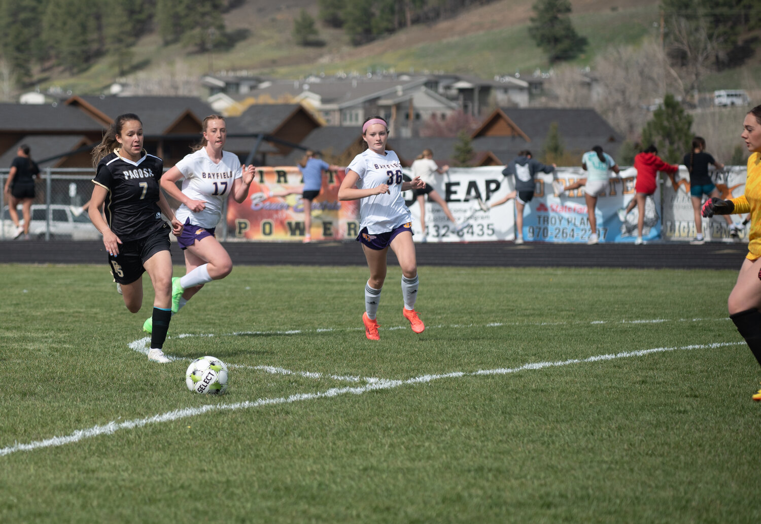 Lady Pirate Ximena Garcia pushes through Wolverine defenders toward the goal during Tuesday&rsquo;s matchup with Bayfield. The teams tied 1-1, with Garcia scoring the Lady Pirates&rsquo; goal.