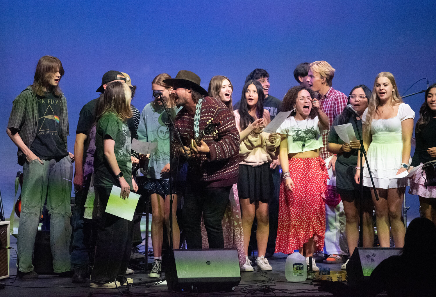 Students in Pagosa Springs High School&rsquo;s Americana Project class play with the Mojo Birds at the class&rsquo;s Guest Artist Concert on April 29.