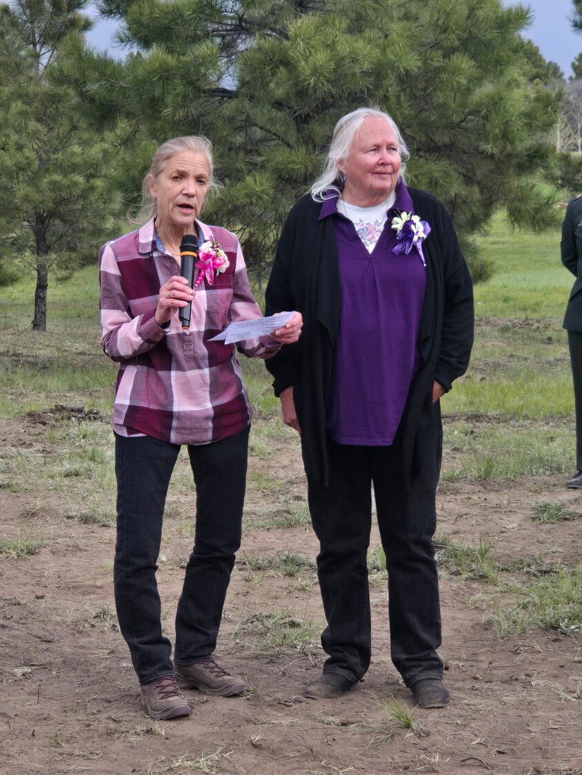 Patty Brown and Carolyn Paschal, who began the Aspen House effort, speak at the groundbreaking.
