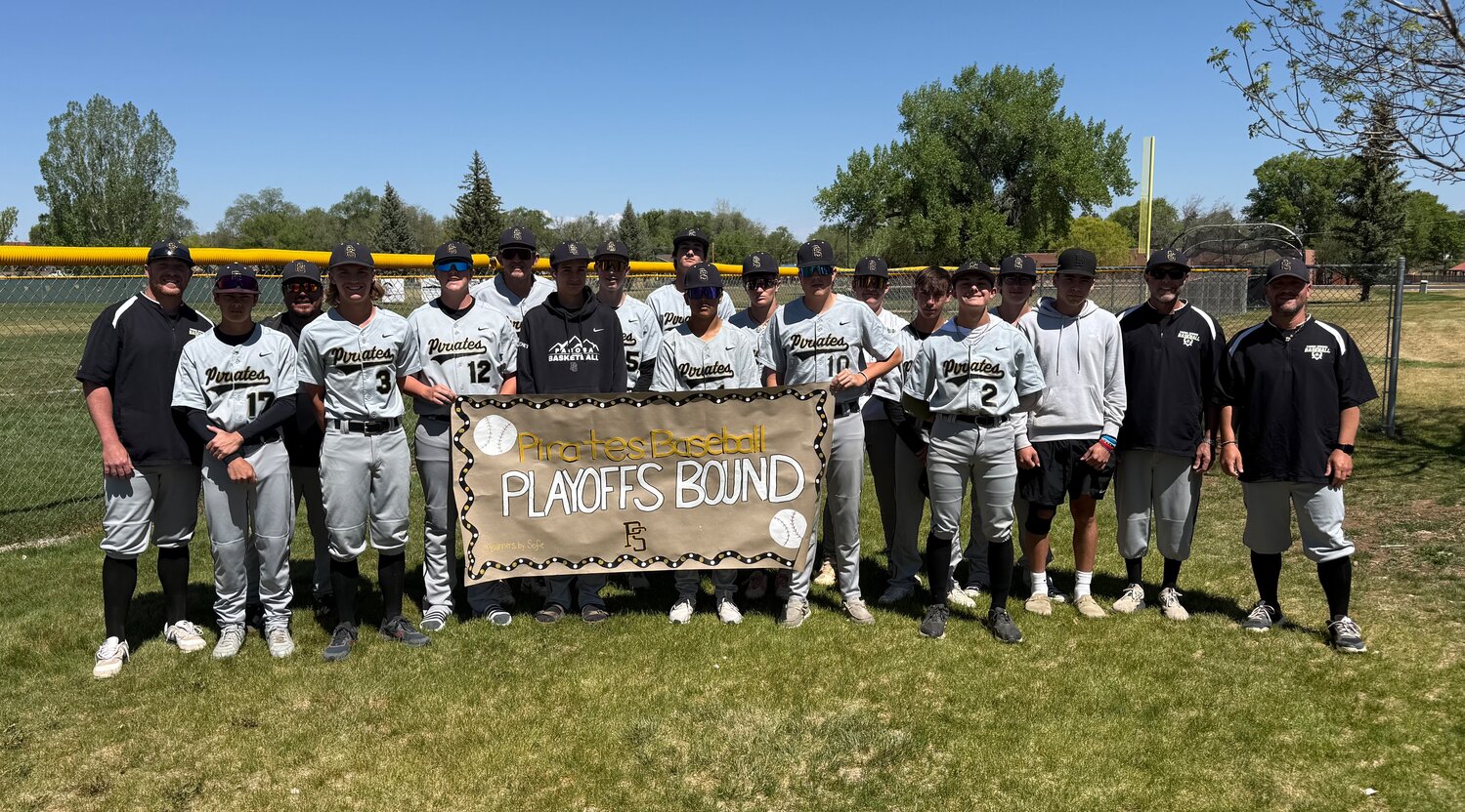 The Pirate baseball team poses for a photo in Cortez during Saturday&rsquo;s playoff action. The team defeated Brush in the first round to win its first playoff game in 20 years.