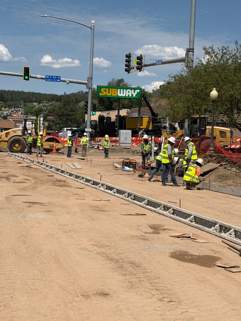 Crews continue setting forms for concrete pavement at Lewis Street/U.S. 160 intersection. Curb, gutter and sidewalk will follow.