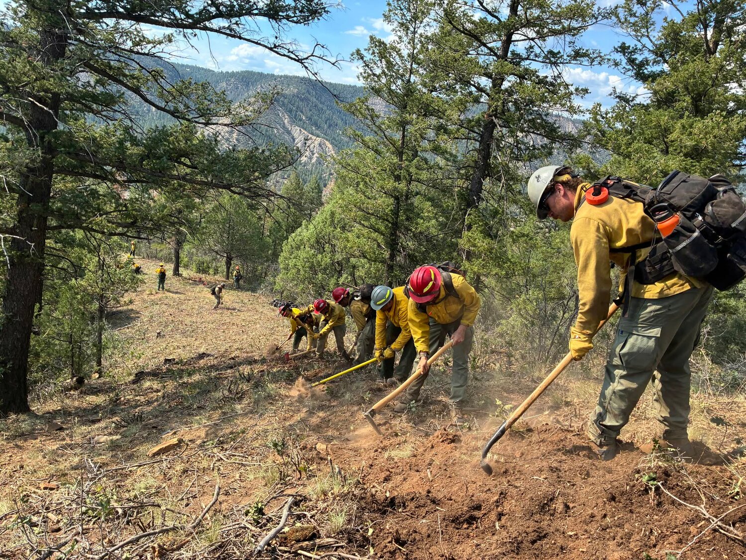 Firefighters from the 307 Crew out of Wyoming and Colorado build contingency line in Division R this afternoon, Aug. 2.