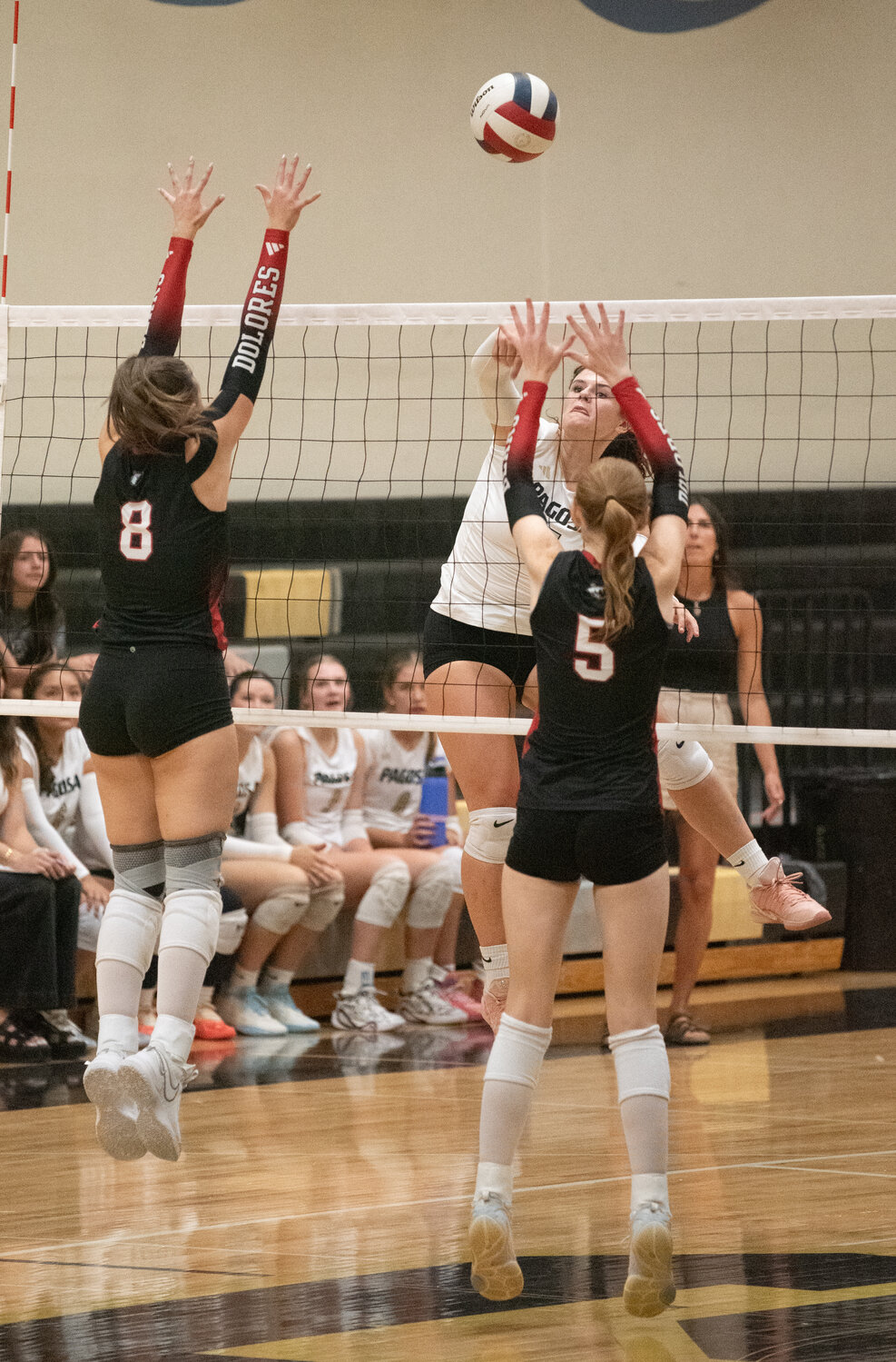 Lady Pirate Malorie Morton sends the ball into Dolores Bears territory for a point during the team&rsquo;s home opener on Tuesday, Aug. 25.