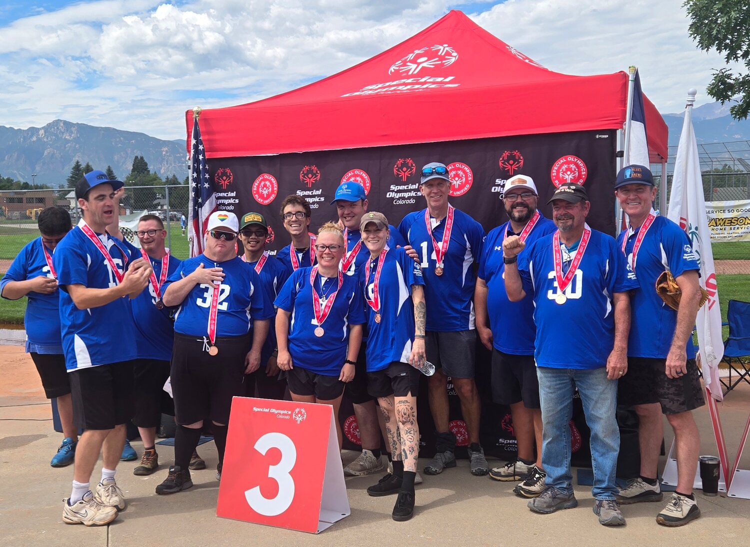 The Pagosa Springs Smashers took a bronze medal for their division in the Colorado Special Olympic State Games on Aug. 23 at Leon Young Park in Colorado Springs. Athletes playing for the Smashers were Servando Ramos, Christopher Brown, Andy Arnold, Levi Brown, Samuel Kelly, Zack Irons, Michael Schmidt; Partners Valerie Lucas, Kate Smith, Jim Smith, Thomas Jones; and coaches Bryan Looper and Bill Arnold. Meredith Irons took a silver medal in skills. Andy Arnold opened the tournament by singing the national anthem.