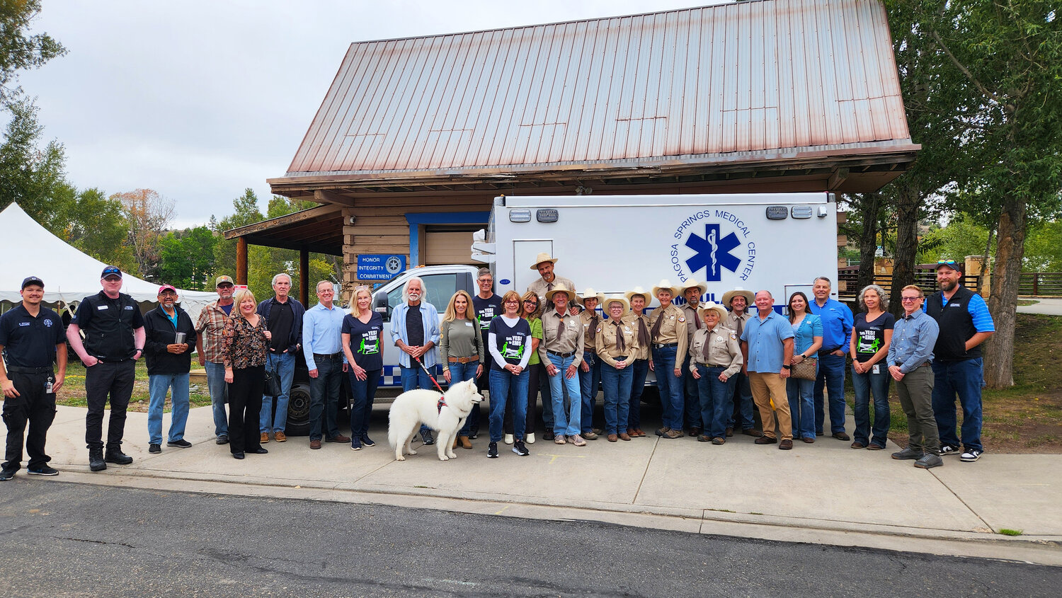 Pagosa Springs Medical Center (PSMC) staff and board members, as well as community leaders, pose for a photo during the recent open house at PSMC&rsquo;s new downtown EMS station. The event offered the public a chance to learn more about PSMC&rsquo;s vision for transforming the building into a second, fully operational, 24/7 EMS station serving downtown Pagosa Springs and the surrounding community.