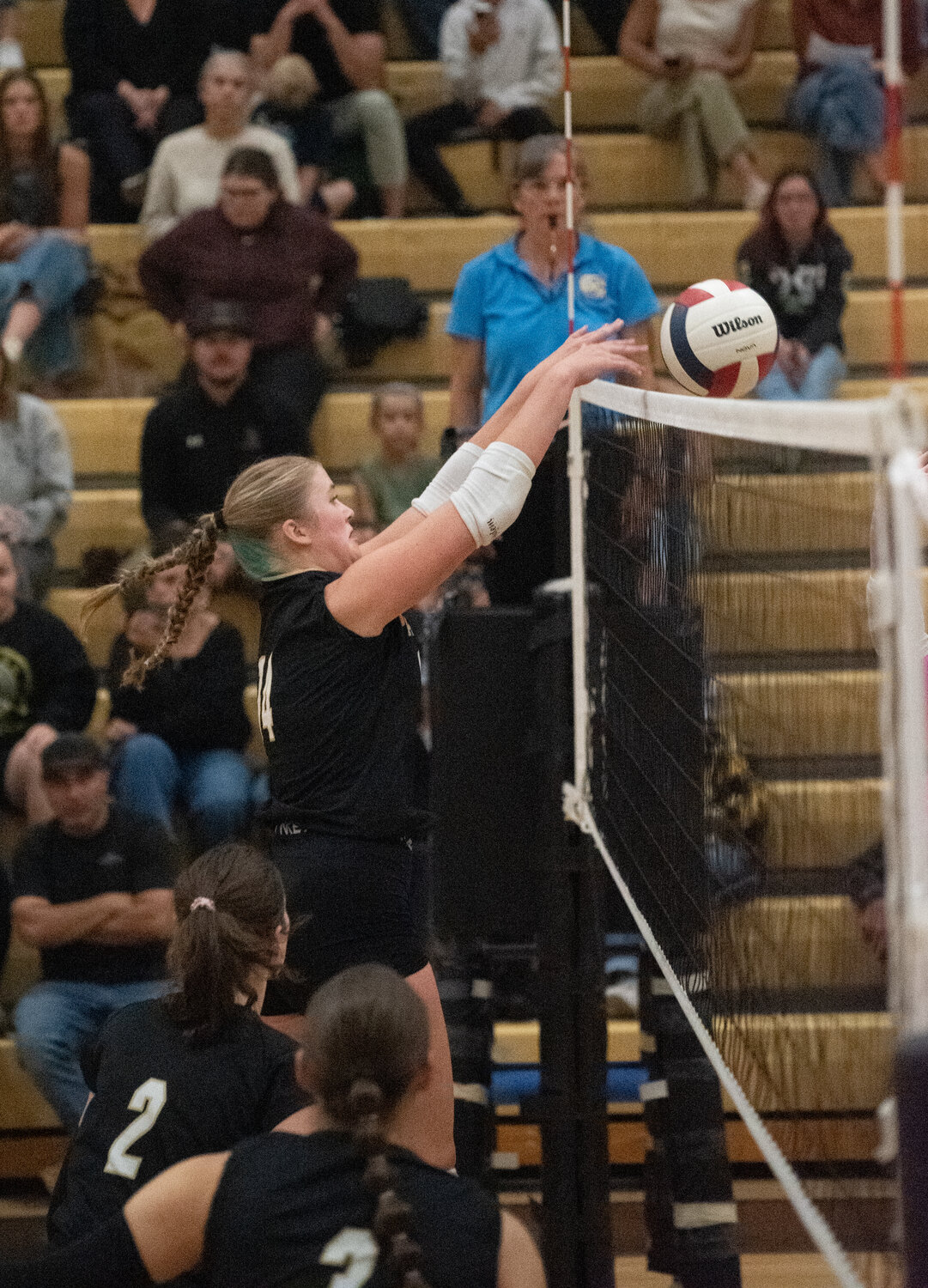 Lady Pirate Dawson Iverson blocks and returns the ball to the Bayfield Wolverines on Tuesday, Oct. 6. The Lady Pirates will play next on Thursday, Oct. 15.