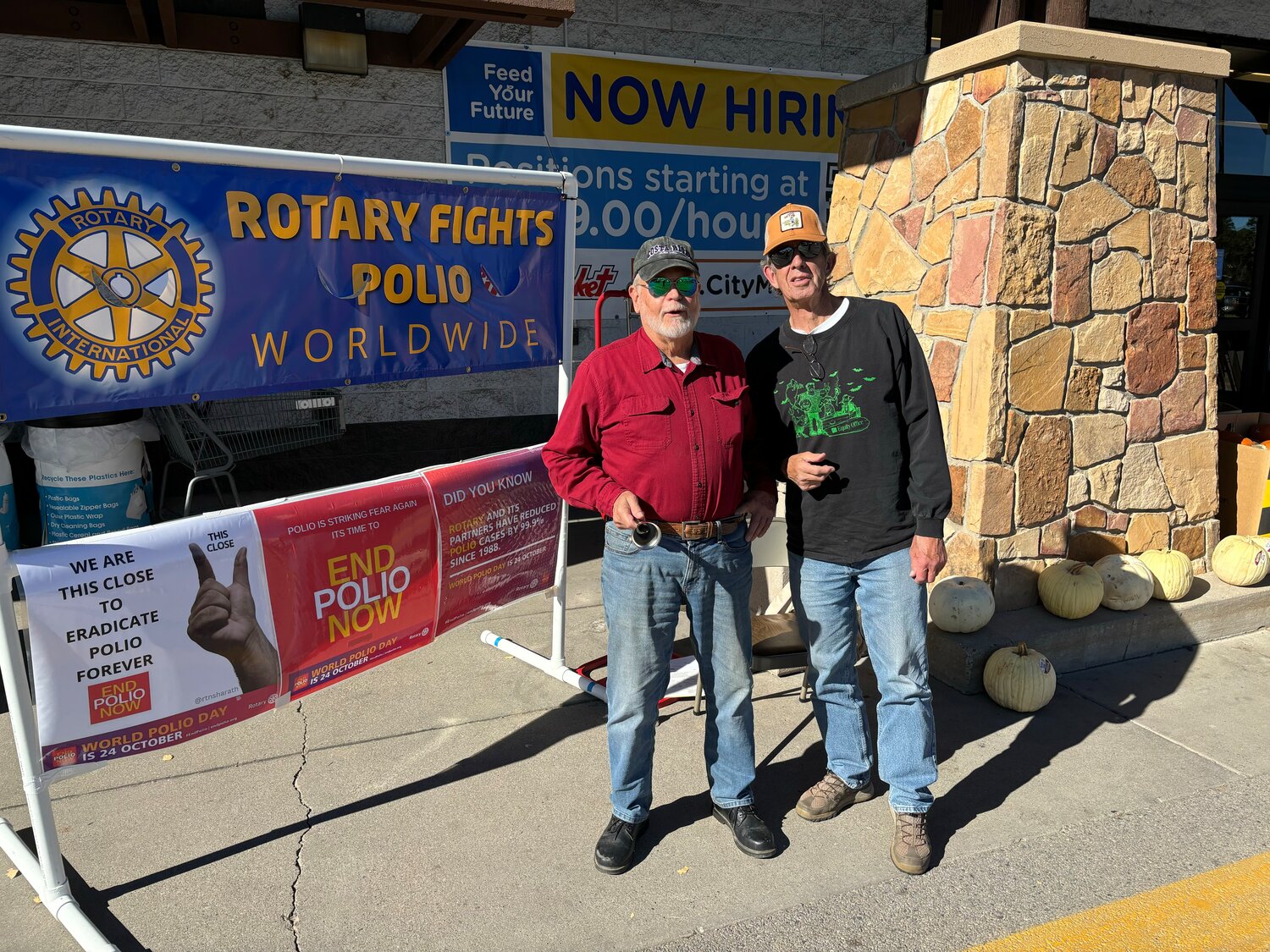 On World Polio Day, Saturday, Oct. 24, members of the Rotary Club of Pagosa Springs will be at City Market from 10 a.m. to 4 p.m., ringing bells and collecting donations as part of Rotary&rsquo;s global campaign to eradicate polio. Shown are Rotarians Jim Garrett and Larry McClintock taking part at a previous event.