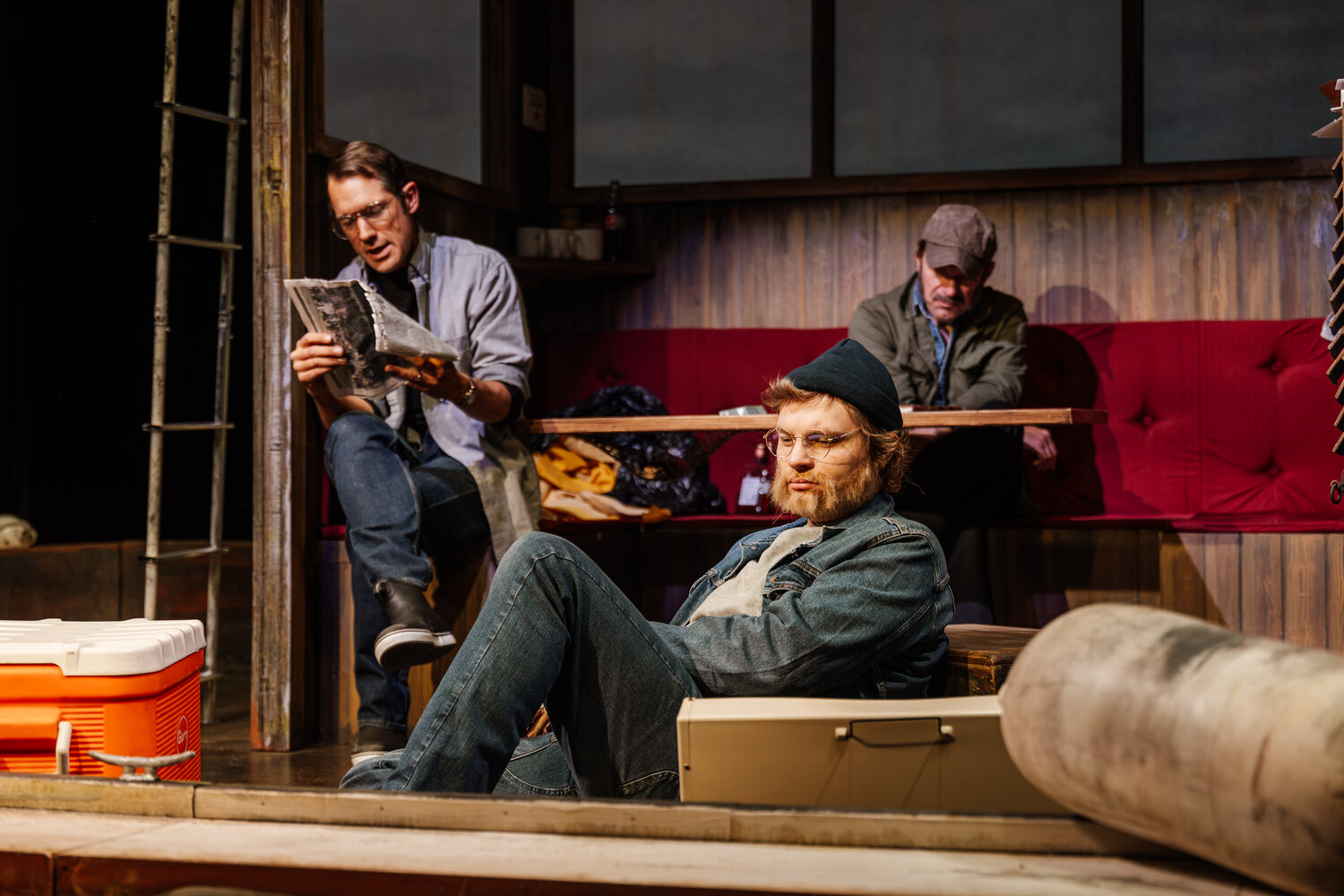 Scott Morehead, Cameron Vargas and Tim Moore wait aboard the Orca in &ldquo;Thingamajig Theatre Company&rsquo;s The Shark Is Broken,&rdquo; playing through Nov. 15