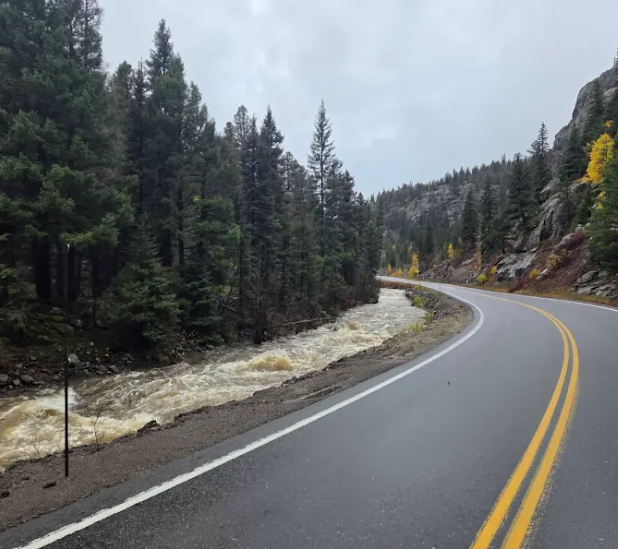 Shortly after 12 p.m. on October 22 the south fork of the Rio Grande River along US 160 Wolf Creek Pass was observed at heightened levels approximately seven miles west of South Fork  in an area locally known as The Narrows. CDOT Photo