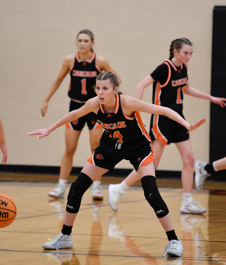 Cascade senior Kaydence Miller (14) played admirable defense on the interior against the Lady Eagles, helping the Lady Champs hold the dynamic duo of Abbie Shaffer and Gabi Long to just 11 points combined in the Region 5-AA Semifinal.