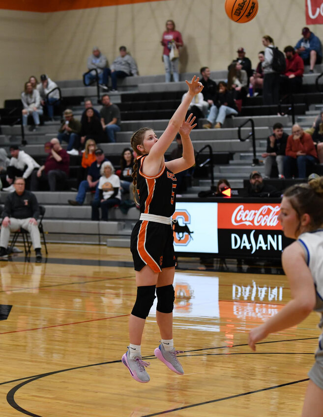Cascade Senior Sophie Ray (5) connects on a two of her four points on Monday. Ray finishes her career in the 1,000-point club.