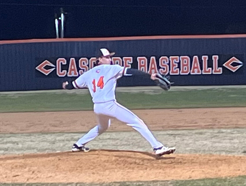 Jayden Hathcock (14) went 5.0 innings, striking out nine and walking two while allowing six hits and two runs on 86 pitches.