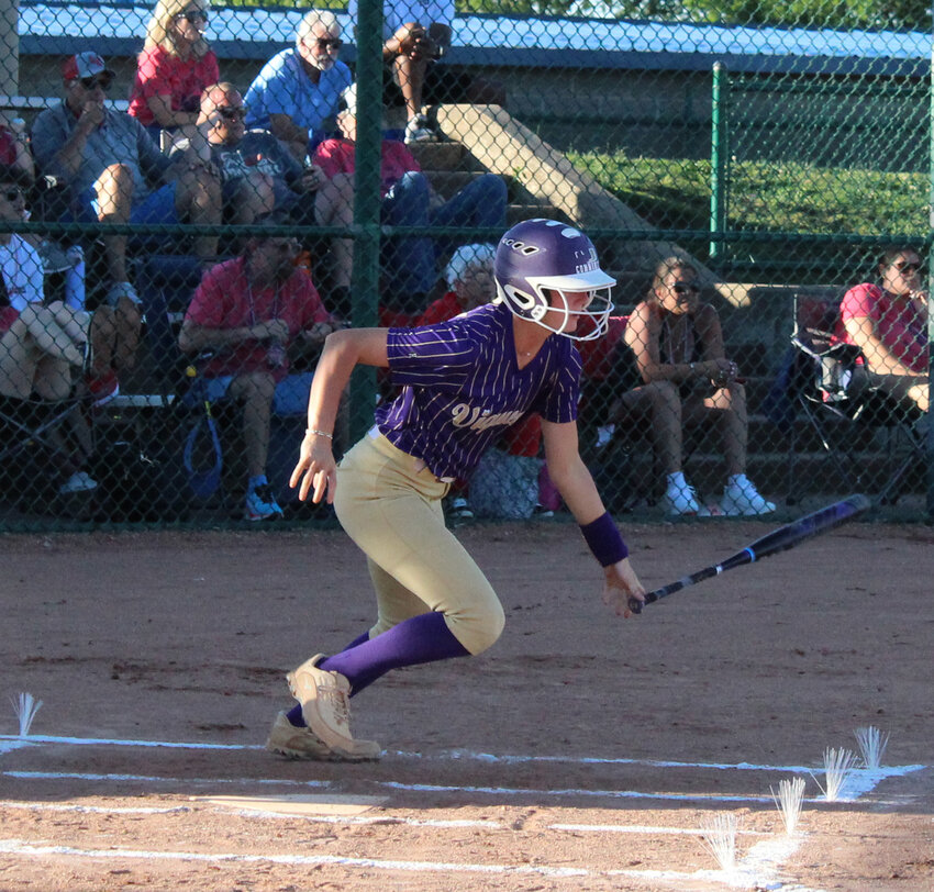 Gracie Daniel (4) lines her only base hit of the night against Liberty Creek. She finished 1-3 at the plate.