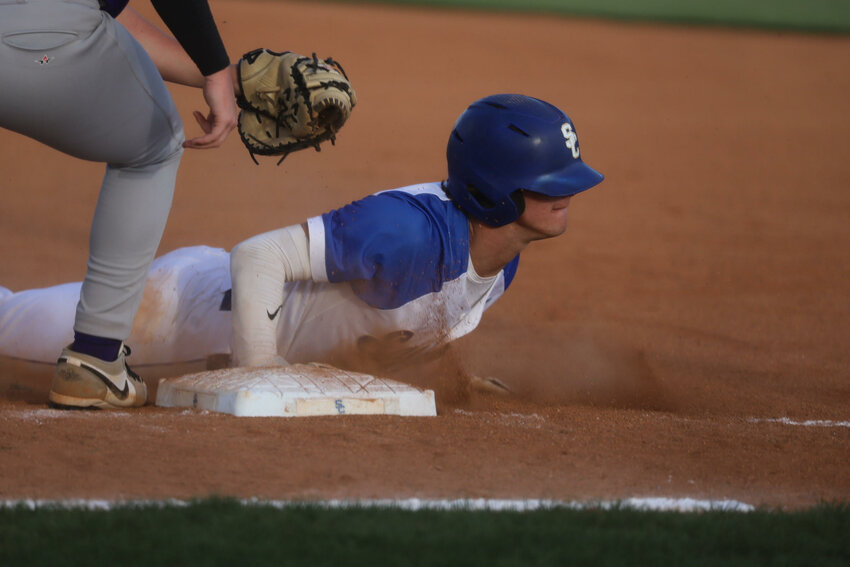 William Bobo (11) slides back to first against Columbia Central safely in the District 9-AA Tournament despite being called out on this play. At the plate, the elder Bobo was the Golden Eagles' everyday leadoff man, hitting .440 with 27 RBIs, 45 runs scored, 10 doubles, six triples, and two homers. He finished his senior season with .440/.561/.681 splits for a monstrous OPS of 1.242.