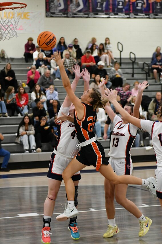Kaegan Young (22) scores two of her game-high 20 points at Franklin County on Tuesday night.