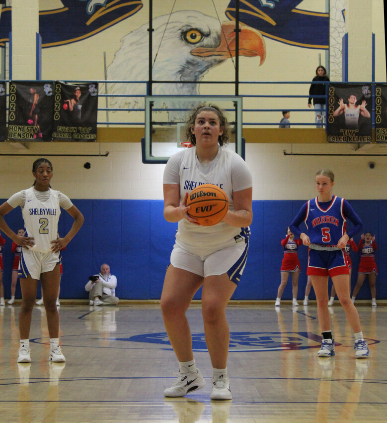 Jada Berry (40) shoots a free throw in the second half of Shelbyville's OT loss against Warren County. Berry scored a team-high 20 points against the Pioneers.
