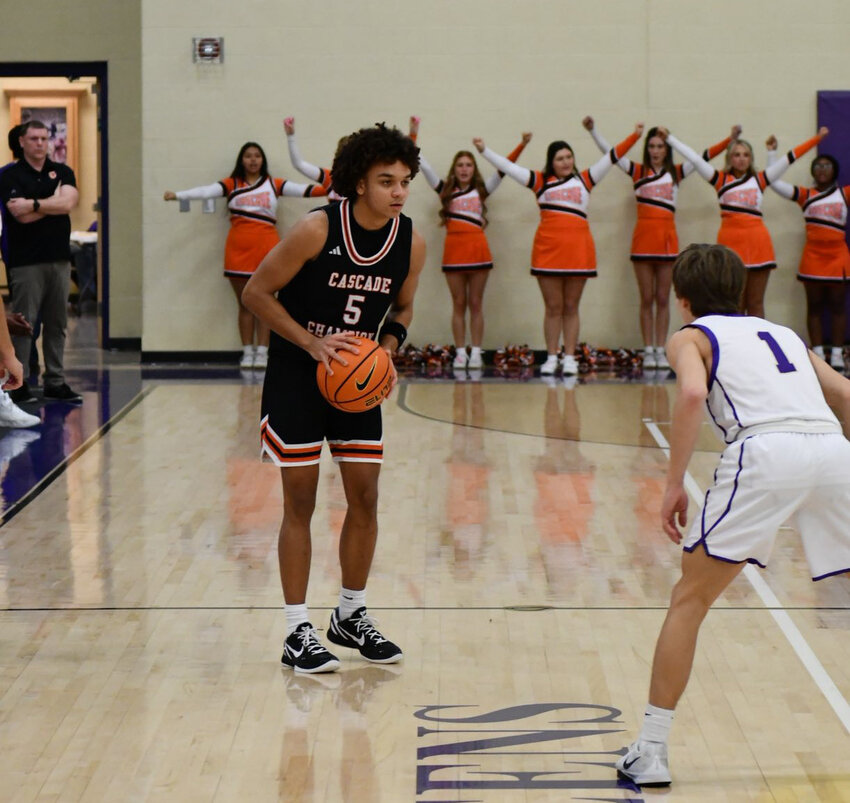 Cascade's Kaleb Kelso (5) sizes up Community's Johnathan Lawwel (1) on Jan. 13. Kelso finished with 23 points in the Champions' win while Lawwel scored 7 points and dished out 5 assists.