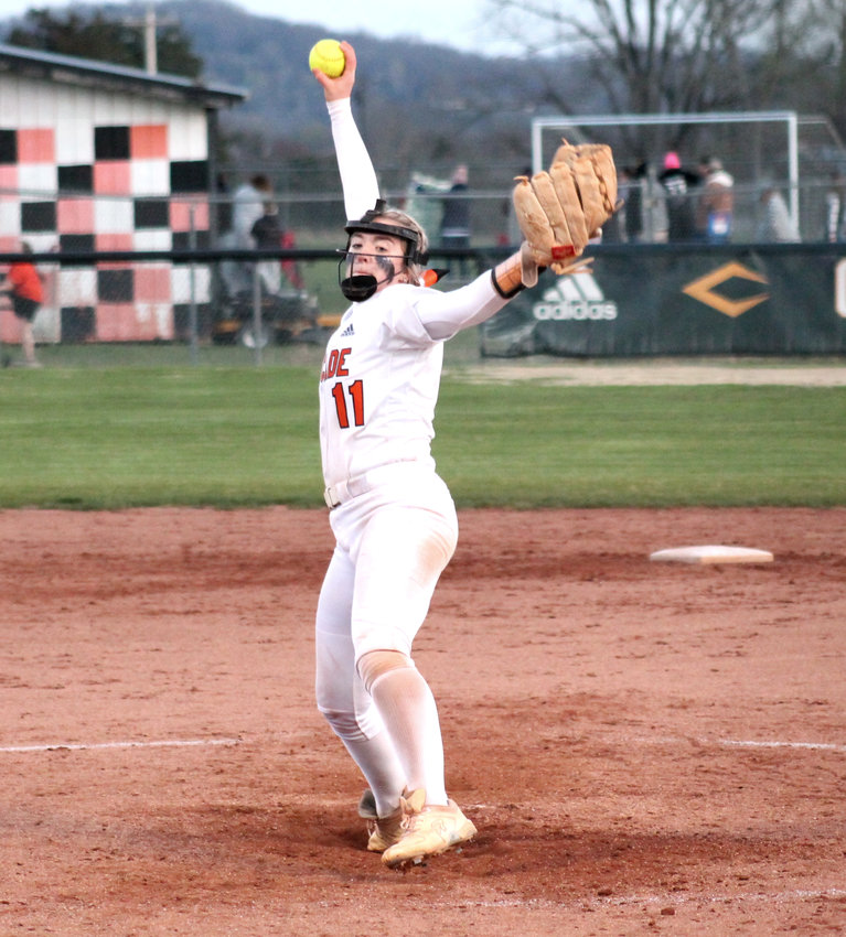 Brianna Horn pushes off the mound for a strike in the fourth inning against Grundy County. She totaled 11 strikeouts in the win.&nbsp;