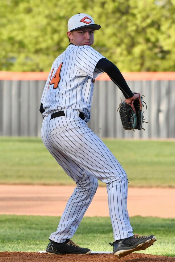 Jayden Hathcock (14) was dominant on the mound at Community on Tuesday, throwing a complete 7.0 innings while striking out 11 batters and giving up just one earned run on three hits.