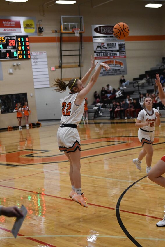 Kaegan Young (22) connects on her only three-pointer during Friday's loss to Huntland. She finished with a near-triple double with 10 points, 12 rebounds, and nine steals.