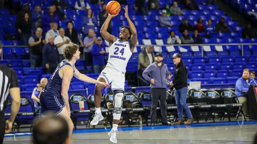 Camryn Weston (24) came off the bench to score a career-high 30 points in MTSU's 11-point win over visiting Cal Baptist on Monday night.