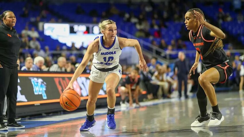 Jalyn Gregory (10) drives to the basket in MTSU's dominant home win over Sam Houston State on Thursday night. Gregory finished with 12 points.