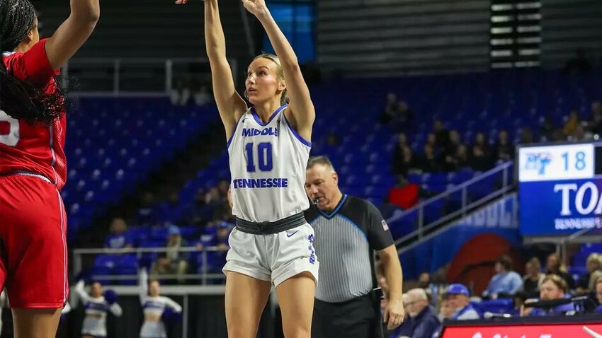 Jalyn Gregory (10) set the MTSU all-time three-point record with her first make in the Blue Raiders 18-point win against Louisiana Tech on Saturday night, passing former teammate, Courtney Whitson, for the top spot.