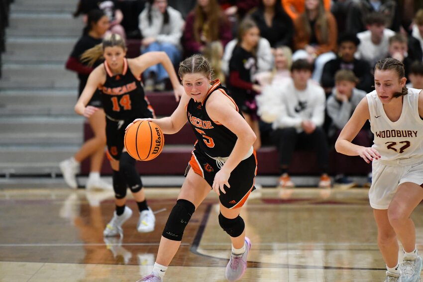 Sophie Ray (5) in the open court at Cannon County. She scored 13 points in the Lady Champs's 12-point District 9-AA loss on Friday night.