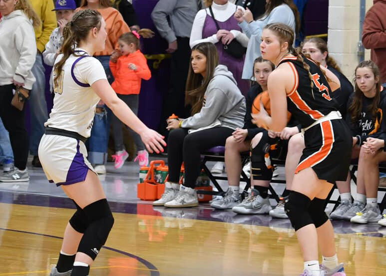 Sophie Ray (5) waits for a teammate to come open at Grundy County. Ray scored a team-high 20 points in Monday night's District 9-AA loss.