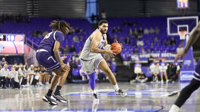 Essam Mostafa (44) came up with the game-sealing steal in the final seconds of MTSU's 71-68 home win against UTEP on Saturday.