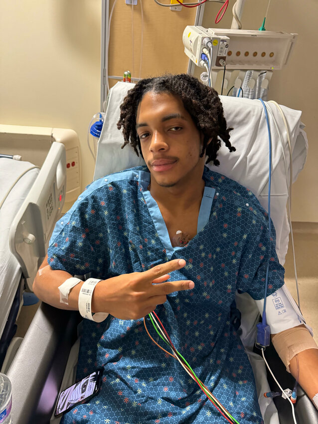 Kyler Trice (pictured) in the hospital after waking up on February 16, 2024, three days after going into cardiac arrest at halftime of Shelbyville Central