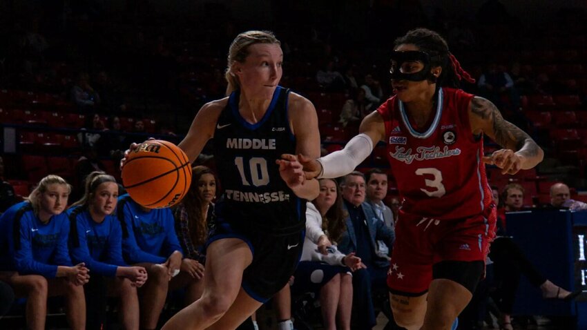 Jalyn Gregory (10) drives baseline at LA Tech on Thursday. Gregory finished with seven points and eight rebounds in the win.