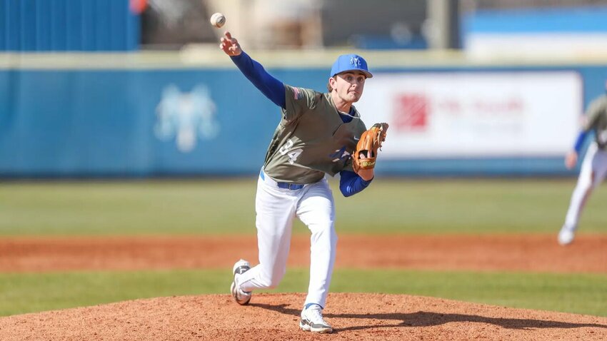 Ollie Akins (34) on the mound against Old Dominion on Sunday. Akins went 3.2 innings, tallying seven strikeouts and three walks while giving up just a pair of hits and one run on 70 pitches in relief of starter Drew Horn.