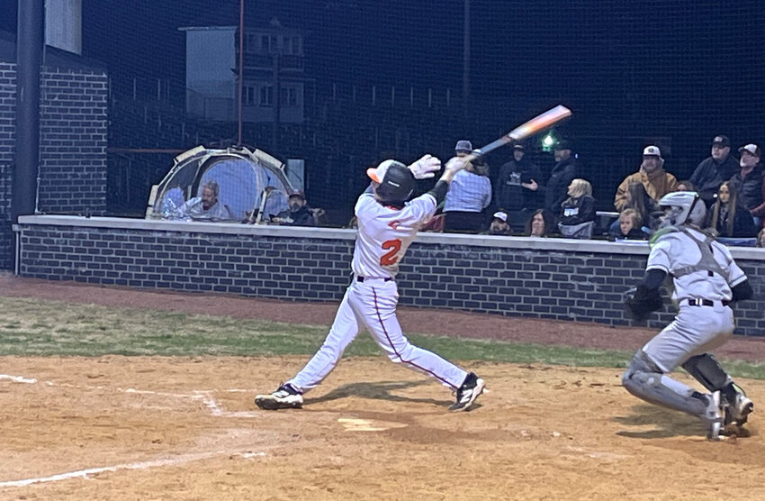 Wickey Parker (2) smashes his second home run against Eagleville on Friday night. He went 2-3 at the plate with five RBI on a pair of home runs.