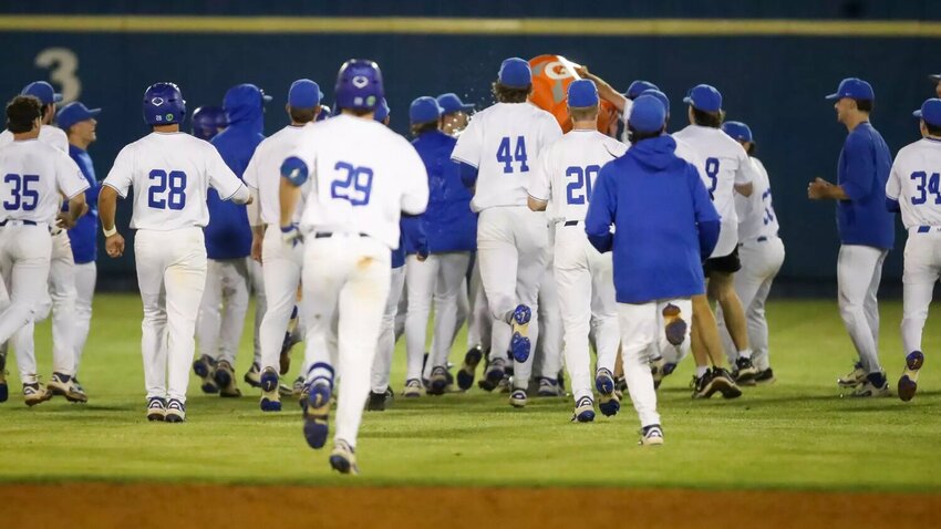 MTSU celebrates its walk-off win in Game One against Jax State on Friday night.