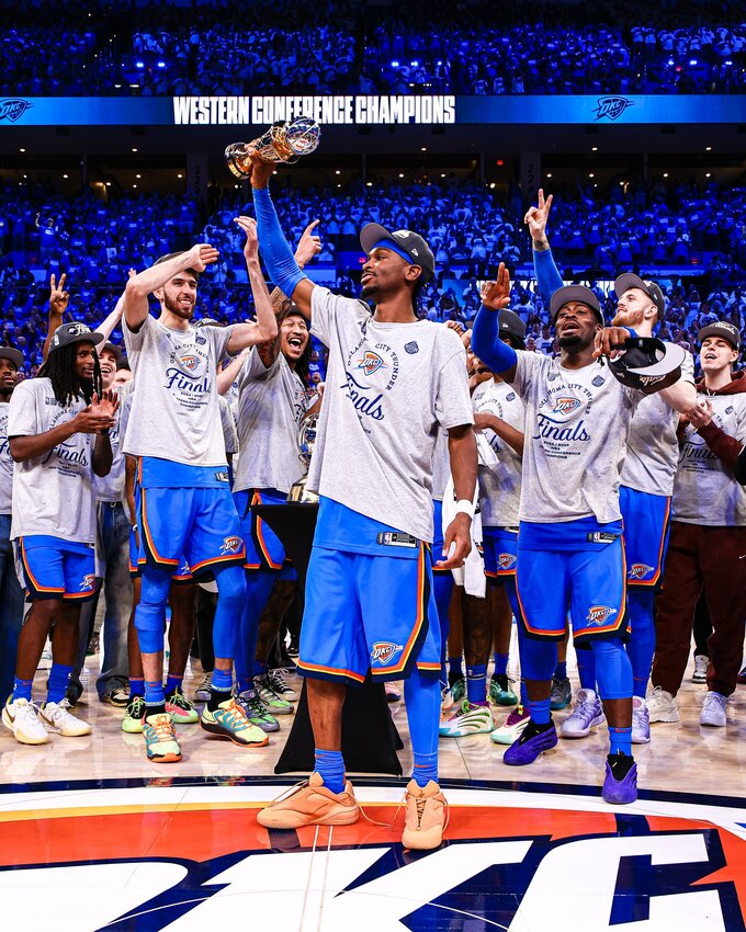 Shai Gilgeous-Alexander (pictured holding trophy) won both the NBA MVP and the WCF MVP this season while leading the Thunder to their first Finals appearance since 2012. SGA is averaging 29.8 PPG, 6.9 APG, and 5.7 RPG in the postseason.